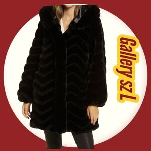 Gallery Woman's Black Jacket Hooded Faux-Fur Sz L